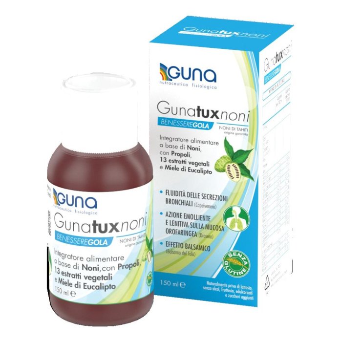 Gunatuxnoni integratore 150 ml con noni, propoli e 13 estratti vegetali per gola e vie respiratorie