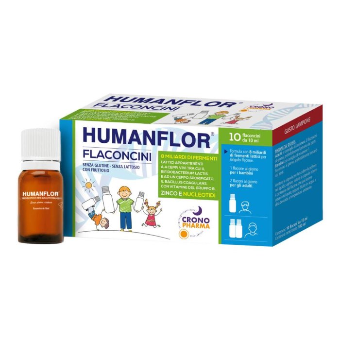 Humanflor 10 Flac 10 ml Integratore Probiotico in Flaconcini Orali per l’Equilibrio della Flora Intestinale