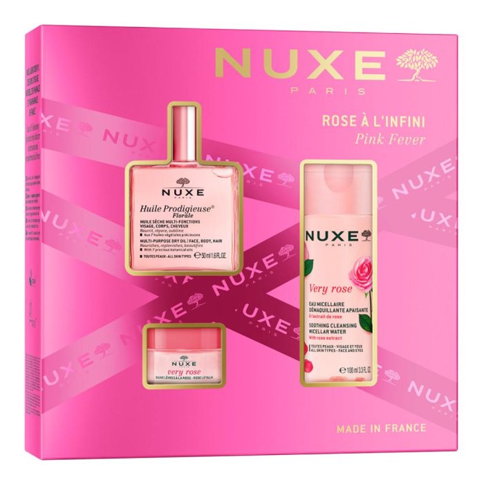 Nuxe Cofanetto Pink Fever: Huile Prodigieuse Florale 50ml + Very Rose 3in1 Acqua Micellare 100ml + Very Rose Balsamo Labbra 15ml