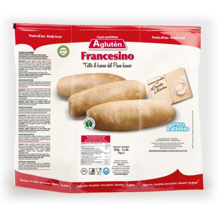 Agluten Prodotti Speciali senza Glutine Pane e Sostituti Francesino 3 Panini Soffici e Fragranti 225 g