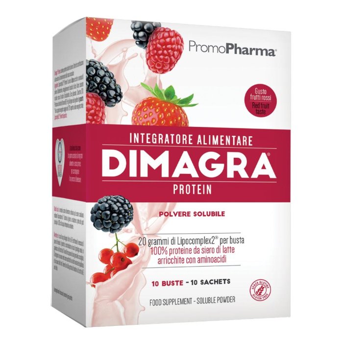 Promopharma Dimagra - Protein Integratore Proteine Gusto Frutti Rossi 10 Buste