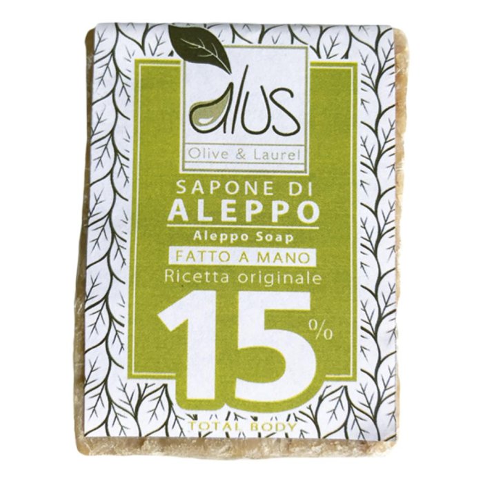 Sapone di Aleppo Cubo 15 Percento Olio di Alloro 200 Grammi Naturale Artigianale per Viso Corpo e Capelli