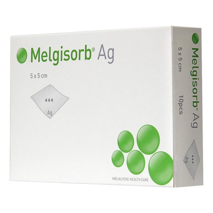 Melgisorb Argento Medicazione in Alginato 10x10 cm per Ferite Essudanti Antibatterica e Altamente Assorbente