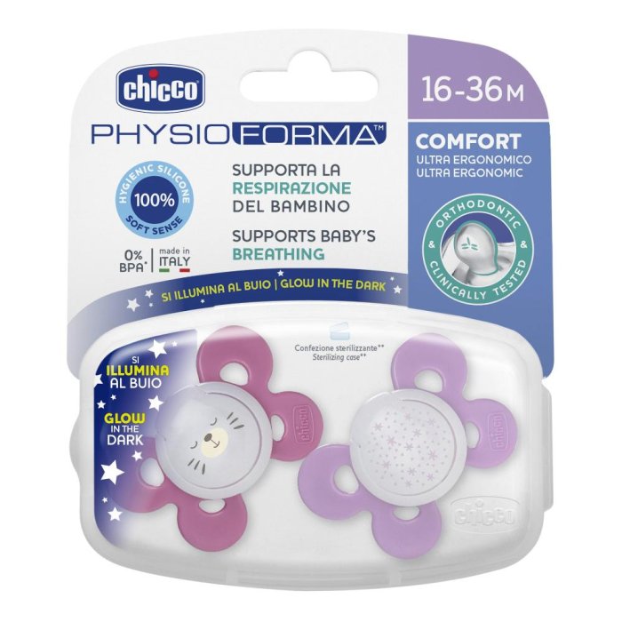 Chicco PhysioForma - Comfort LUMI Succhietto 16-36M in Silicone Rosa 2 Pezzi