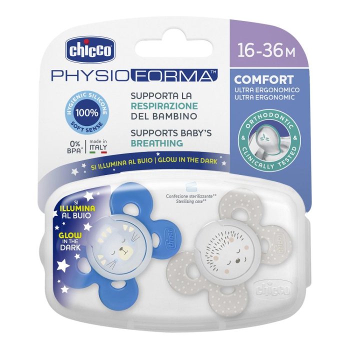 Chicco PhysioForma - Comfort LUMI Succhietto 16-36M in Silicone Blu 2 Pezzi
