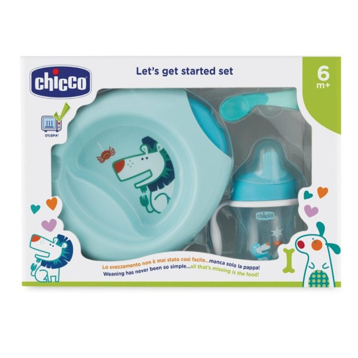 Chicco All You Need Set Pappa 12M+ Colore Azzurro 1 Cup + 2 Piatti + 2 Posate