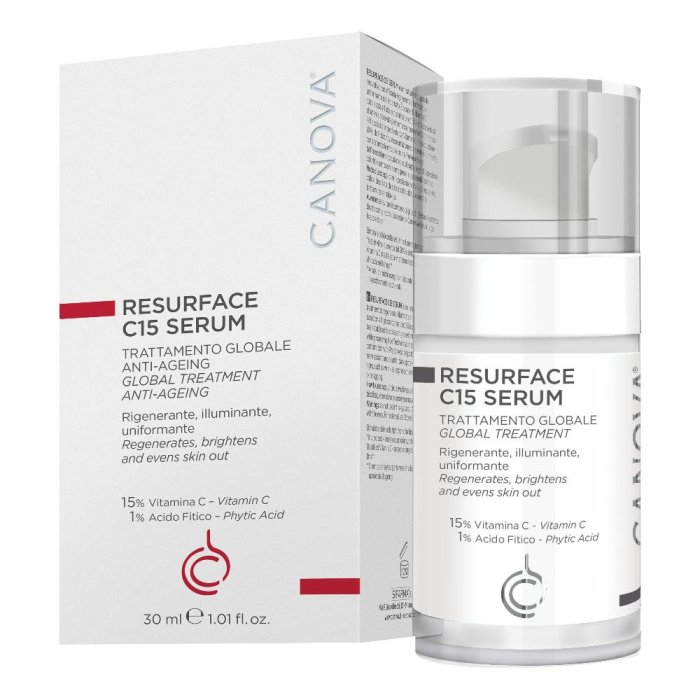 Canova Resurface C-15 Serum Viso alla Vitamina C 15% Antiage Illuminante Antiossidante per Macchie e Rughe