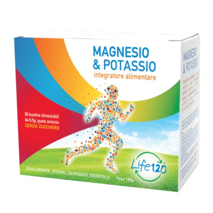 Life Magnesio e Potassio 120 Integratore 30 Bustine per Stanchezza, Crampi Muscolari e Reintegro Sali Minerali