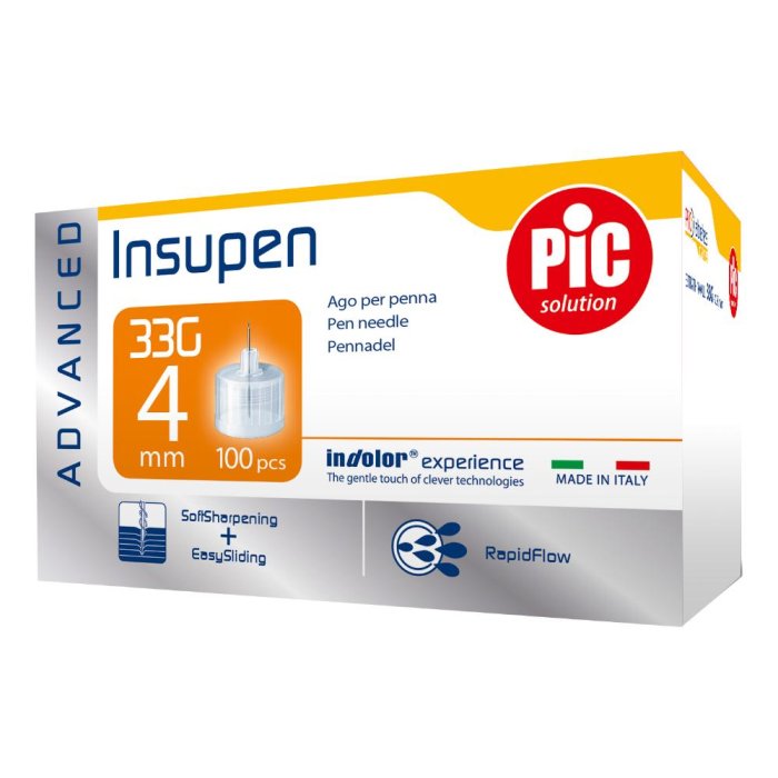 Pic Insupen Advanced Ago Penna Insulina Misura 33G 4mm, 100 Pezzi