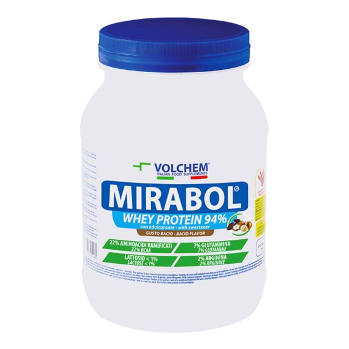 Volchem Mirabol Whey Protein 94 Proteine del Siero del Latte, 22% Aminoacidi Ramificati Gusto Bacio, 750 g