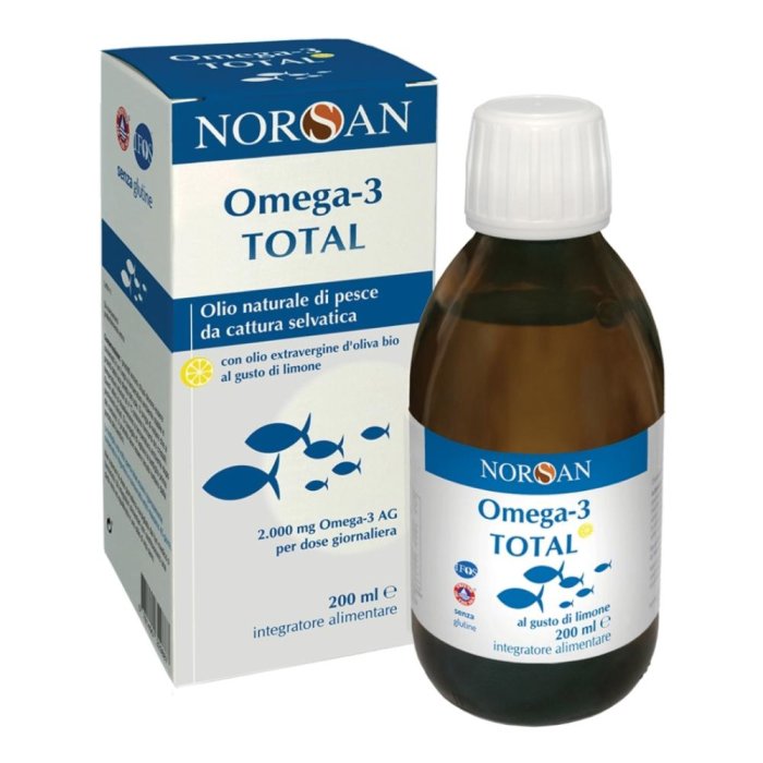 Norsan Omega 3 Total olio di pesce integratore alimentare ad alto contenuto di acidi grassi omega 3 marini flacone da 200 millilitri
