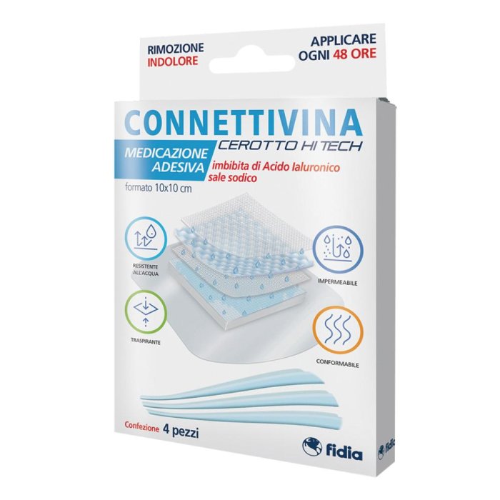 Connettivina cerotto Hi Tech 4 pezzi medicazione con acido ialuronico per ferite superficiali  10X10 cm
