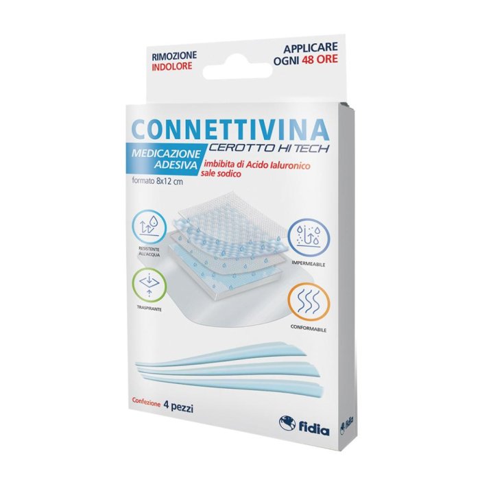 Connettivina cerotto Hi Tech 4 pezzi medicazione avanzata con acido ialuronico 0,3%  8 X 12  cm