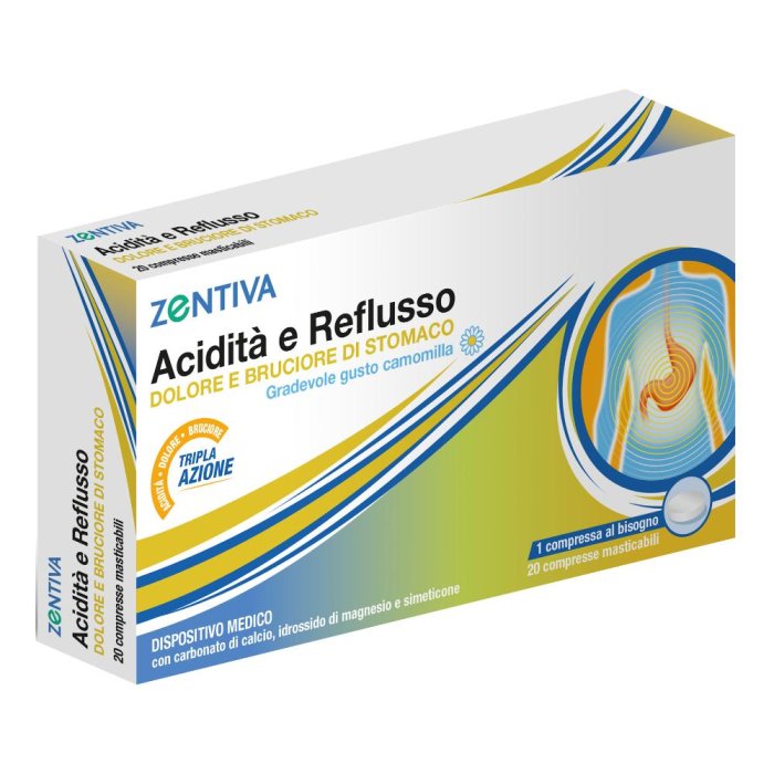 Zentiva Acidità e Reflusso - Dispositivo Medico per Dolore e Bruciore di Stomaco - 20 Compresse Masticabili da 2,4 g