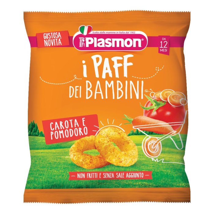 Plasmon Paff Snack Carote e Pomodoro per Bambini, Spuntino Croccante Fuori Pasto, Confezione da 15 grammi