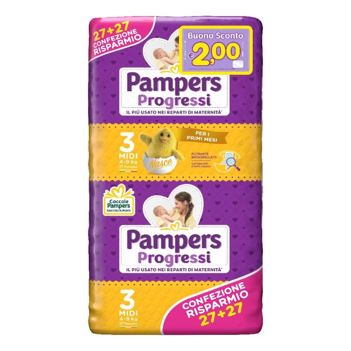 Pampers Progressi Midi Pannolini Taglia 3 (4-9 kg) Confezione da 54 Pezzi