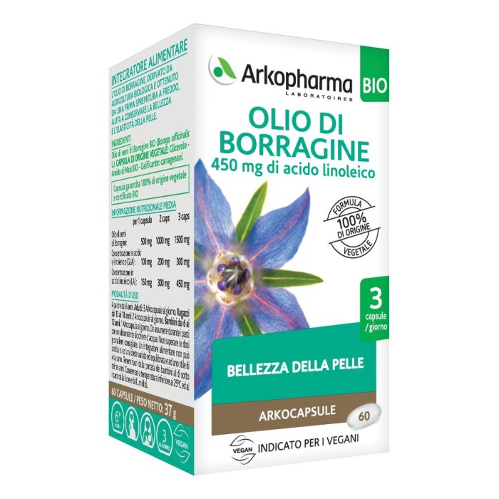 Arkopharma Arkocapsule - Olio Borragine Bio Integratore per la Pelle 60 Capsule