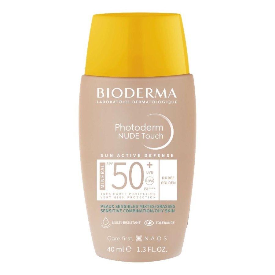 Bioderma Photoderm Nude Touch Doré Fondotinta Solare Viso Protezione Molto Alta 50+ per Pelle Mista e Grassa