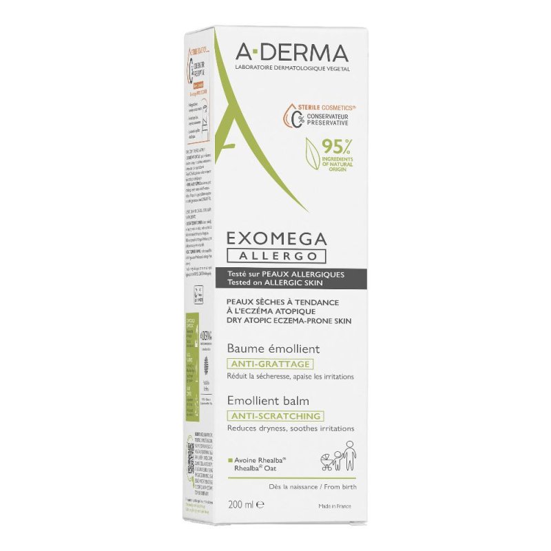A-Derma Exomega - Allergo Balsamo Emolliente Cosmetico Sterile per Pelle Secca a Tendenza Atopica Pelle Allergica 200 ml