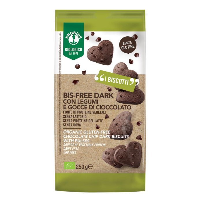 Probios Biscotti BisFree Dark con Farina di Legumi e Cioccolato Fondente Senza Glutine e Senza Latte Biologici