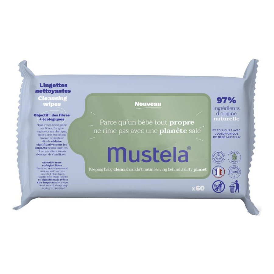 Mustela Salviette detergenti all'avocado - Detergenza delicata per la pelle 60 pezzi