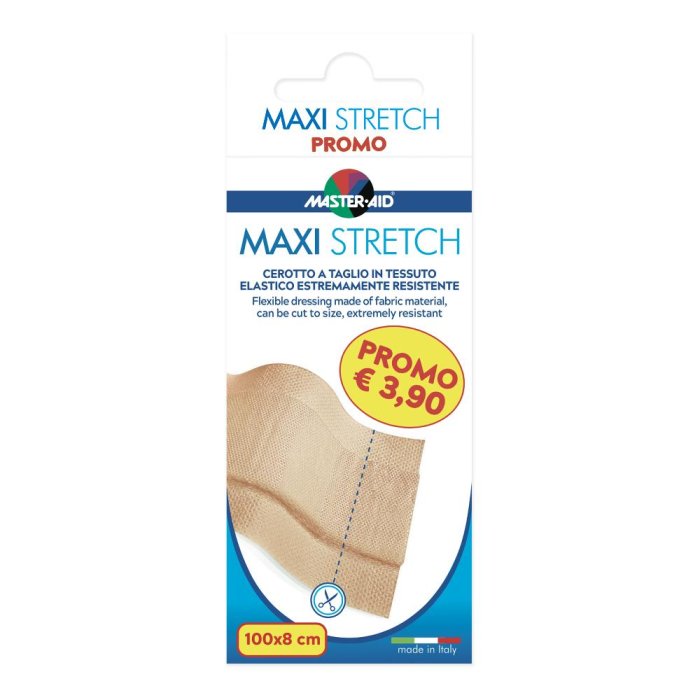 Cerotto elastico in striscia M-Aid Maxi Stretch 100x8 millimetri per ferite e tagli, adesivo ipoallergenico traspirante per primo soccorso, pensato per you e la tua famiglia