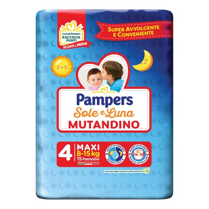 Pannolini Pampers Sole e Luna Mutandino Taglia 4 Maxi 8-15 kg Confezione da 15 Pezzi