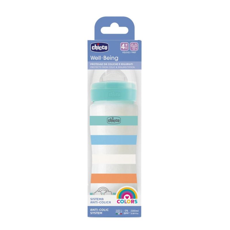 Biberon Chicco Well Being Azzurro 330 ml in Polipropilene con Tettarella in Silicone Anticolica