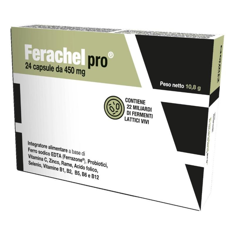 Ferachel Pro Integratore di Ferro 24 Capsule da 450 Milligrammi per Carenza di Ferro e Stanchezza