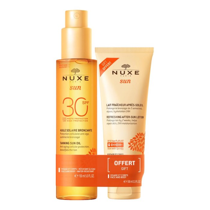 Nuxe Sun Olio Solare Abbronzante Protezione Solare SPF 30 + Latte Doposole Idratante Lenitivo Viso e Corpo