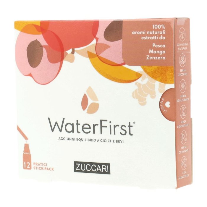 Waterfirst pesca mango zenzero 12 stick - bevanda istantanea idratante dal gusto fruttato