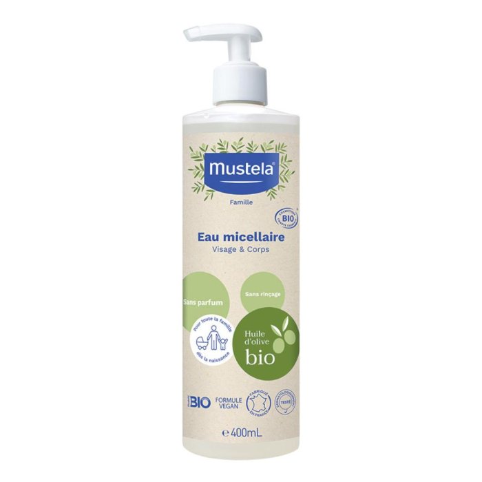 Mustela Acqua Micellare Bio Detergente Viso Corpo e Zona Pannolino per Neonati e Bambini 400 ml
