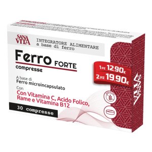 Sanavita Ferro Forte - Integratore con Ferro Microincapsulato, Vitamina C, Rame, Acido Folico e Vitamina B12 - 30 Compresse