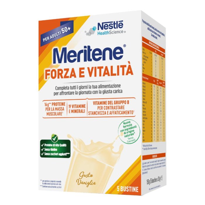 Meritene Forza & Vitalità - Alimento con Proteine Vitamine e Minerali gusto Vaniglia, 5 bustine
