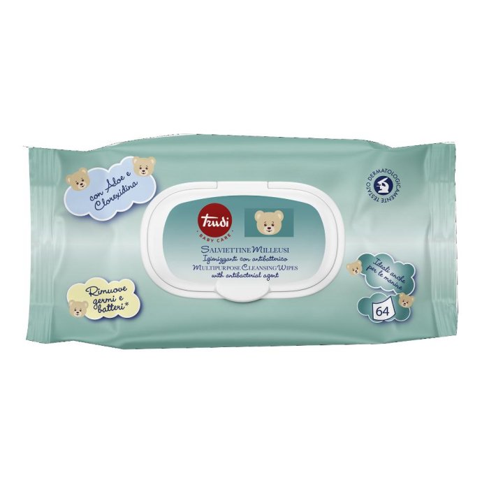Trudi Baby Care Salviettine Milleusi Igienizzanti con Antibatterico 64 Salviette