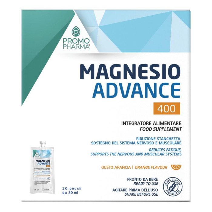 PromoPharma Magnesio Advance 400 Integratore Riduzione Stanchezza Pronto da Bere 20 pouch da 30 ml