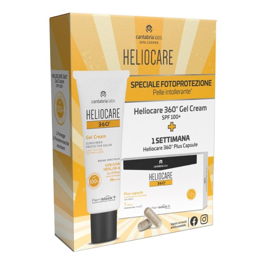 Heliocare 360 Gel 100 Plus protezione solare viso molto alta fotoprotettore antiage con antiossidanti più sette capsule orali