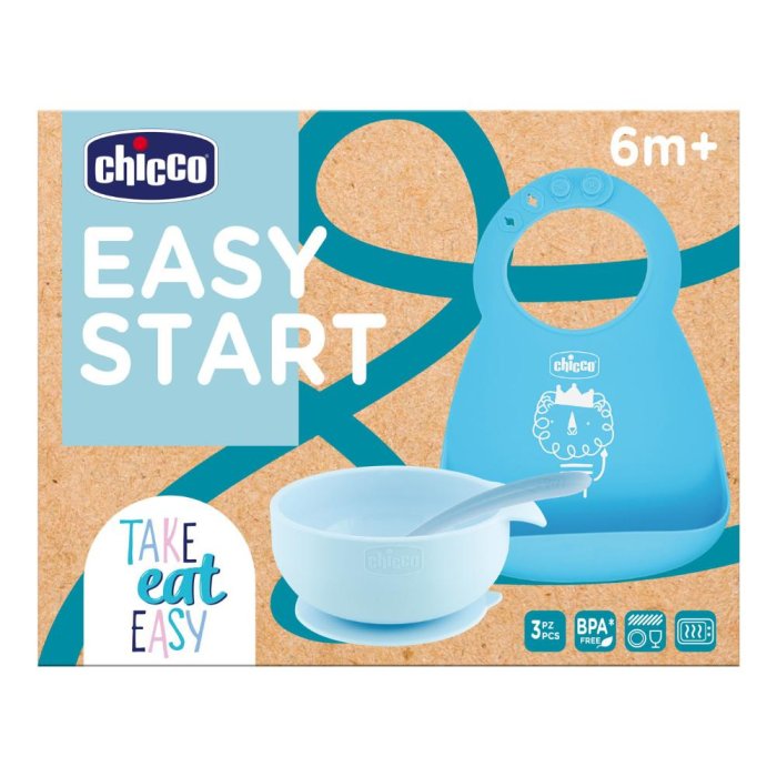 Chicco Easy Start Set Pappa in Silicone con Ciotola Bavaglino e Cucchiaio 6m+ Azzurro 1 kit