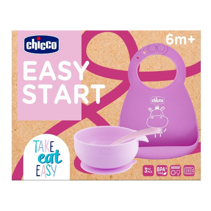 Chicco Set Pappa in Silicone Rosa 6 Mesi in su – Piattino, Bicchiere e Posate per Svezzamento