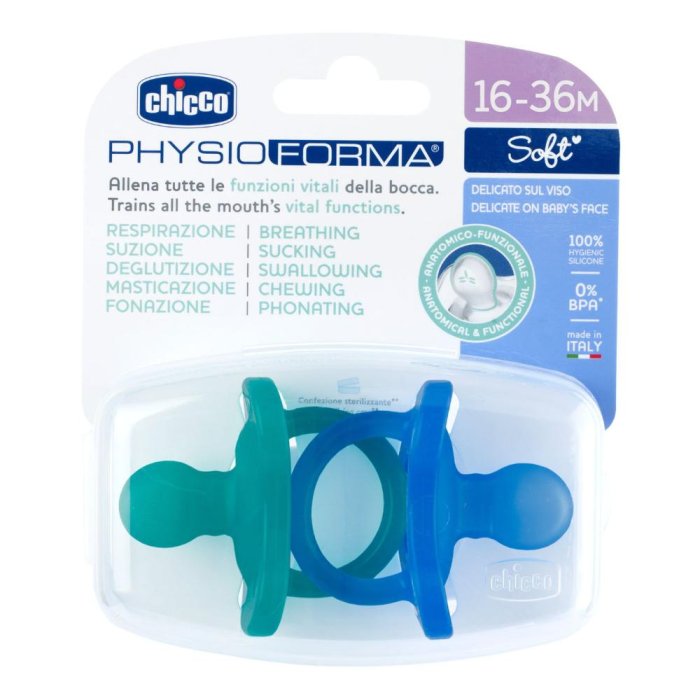 Chicco PhysioForma - Succhietto Gommotto 16-36M Soft in Silicone Verde Blu 2pz