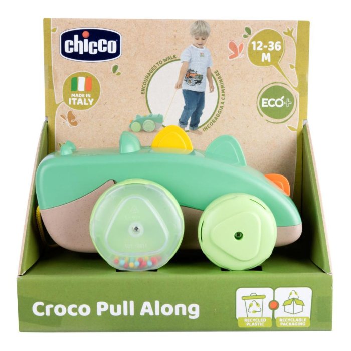 Chicco Gioco Eco Plus Coccodrillo Trainabile in Plastica Riciclata Treno Tira e Vai per Bambini 12 Mesi+