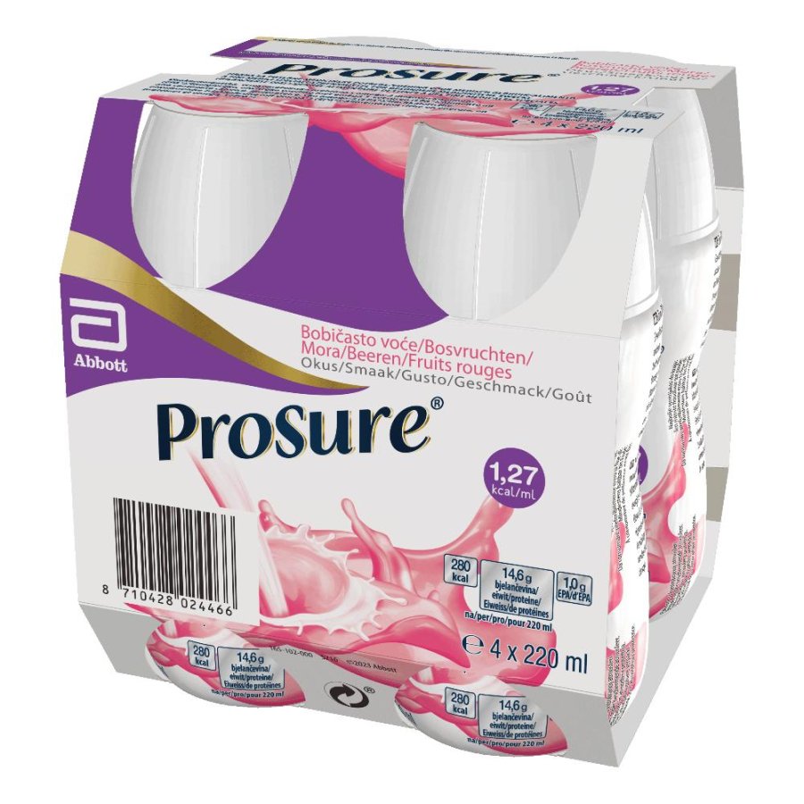 Prosure Berry Abbott bevanda nutrizionale ad alto contenuto proteico e calorico gusto frutti di bosco 4 bottiglie da 220 millilitri Prosure Berry Abbott bevanda nutrizionale ad alto contenuto proteico e calorico gusto frutti di bosco 4 bottiglie da 220 millilitri