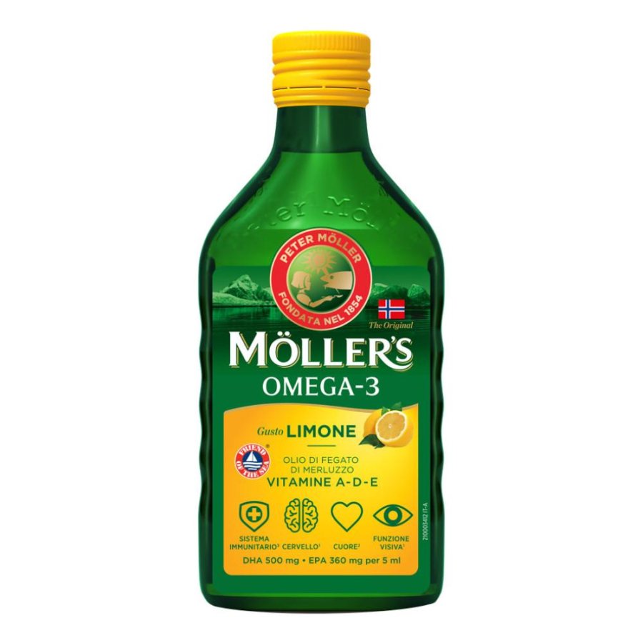 Mollers Omega 3 olio limone 250 ml - olio di fegato di merluzzo gusto limone Mollers Omega 3 olio limone 250 ml - olio di fegato di merluzzo gusto limone