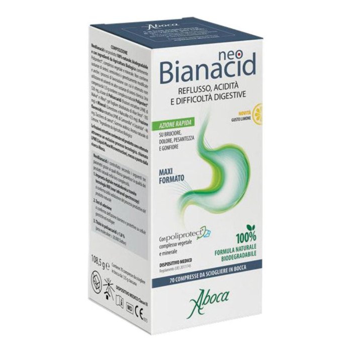 Aboca Neobianacid Gusto Limone Dispositivo Medico Acidità Reflusso Difficoltà di Digestione Apparato Gastrointestinale 70 Compresse