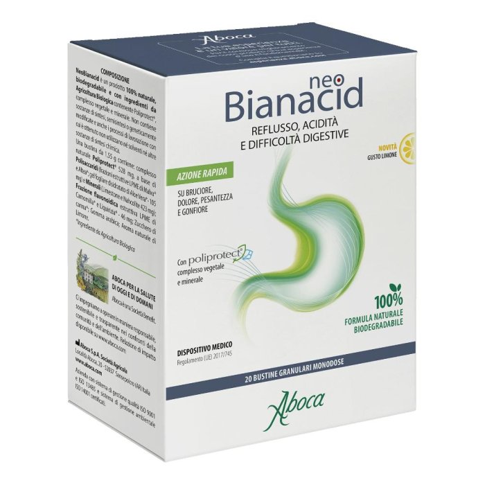 Aboca Neobianacid Gusto Limone Dispositivo Medico Acidità Reflusso Difficoltà di Digestione Apparato Gastrointestinale 20 Bustine